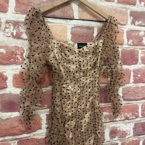 DO + BE Mini Dress Women's Small Tan Black Polka Dot Sheer Mesh Ruched Zip Up - Picture 3 of 8